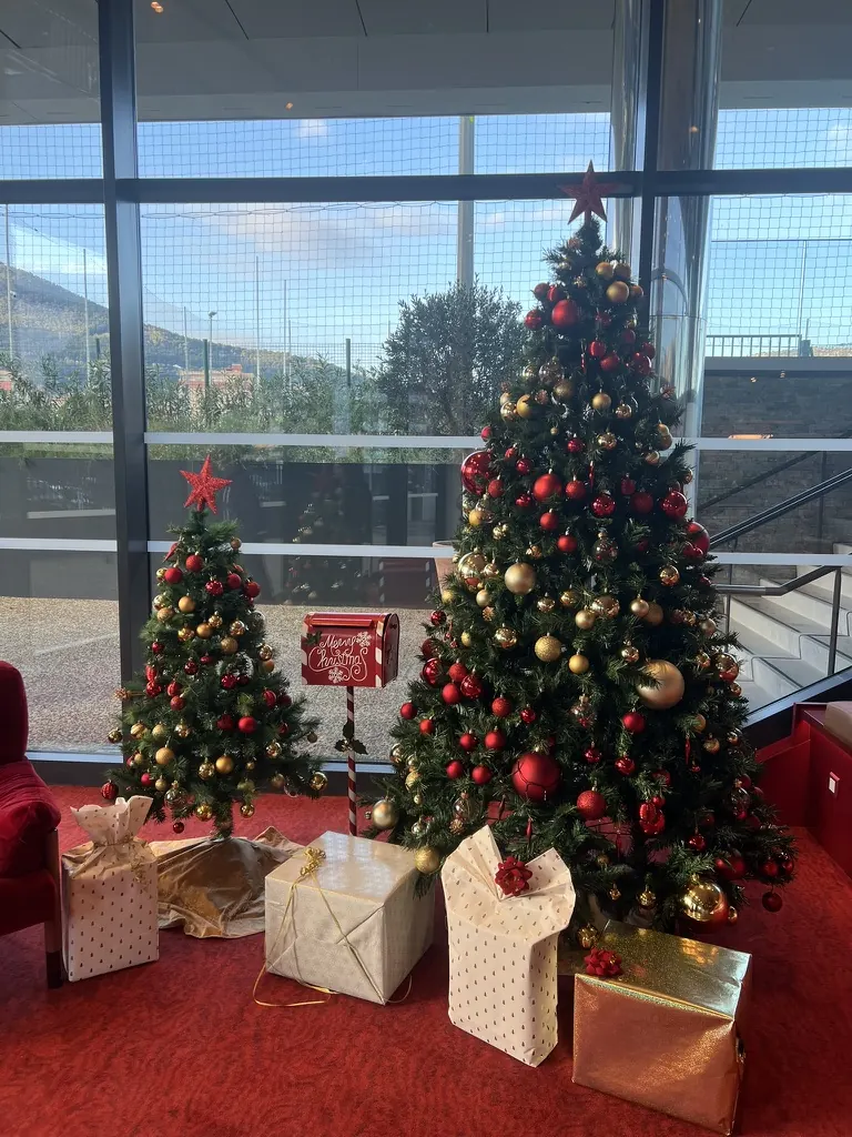 Sapins décorés et cadeaux emballés dans le hall d'une entreprise